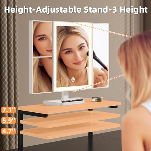 Image of HIGDBFE Small Makeup Vanity Desk 27.5''W with Mirror and Lights, 3 Drawers | USB Lighted Mirror, Height-Adjustable Stand, Fabric Drawers, Girls /Kids Gifts, Bedroom, Small Space, Dorm, Black