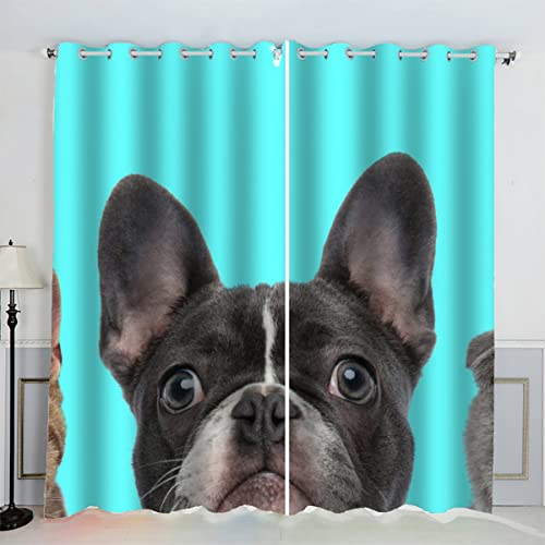 MOUPL 3D Mignon Bouledogue français Bleu Rideau Occultant 2 Pièces 70x160 cm Rideaux à œillets avec Motif Acoustiques Thermique Isolant pour Enfant Garcon Fille Salon Chambre Décoration de Fenêtre Cover