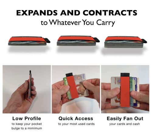Image of Modern Carry Quick Draw Minimalist Wallet for Men & Women, Elastic Band Minimal Credit Card Holder with Leather Tab, Card Grabber for Long Nails, Money Clip Alternative (Black) (Neon Orange)