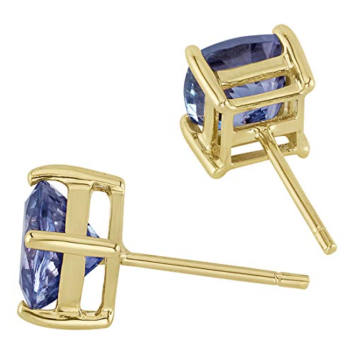 Peora Solid 14K Yellow Gold Tanzanite Stud Earrings for Women, Genuine Gemstone Solitaire, AAA Grade Cushion Cut 6mm, 2 Carats total, Friction Back, Tanzanite Gold Earrings, Dainty Earrings Studs3