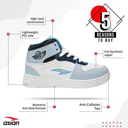 Image of ASIAN Kid's THUNDER-11 Casual White Sneaker Outdoor,High Neck Shoes with Extra Jump Casual Lace-Up Shoes for Boy's