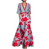 woxaumqy Women's Blue V-Neck Printed Short Sleeved Straight High Waist Summer Maxi Dress Refreshing Elegant Flowing Dress