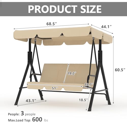 Image of Garvee Outdoor Porch Swing with Adjustable Canopy, 3-Seat Patio Swing Chair with Stand, Heavy Duty Outdoor Swing for Adults, Metal Frame Patio Swing for Garden, Backyard & Poolside,Khika