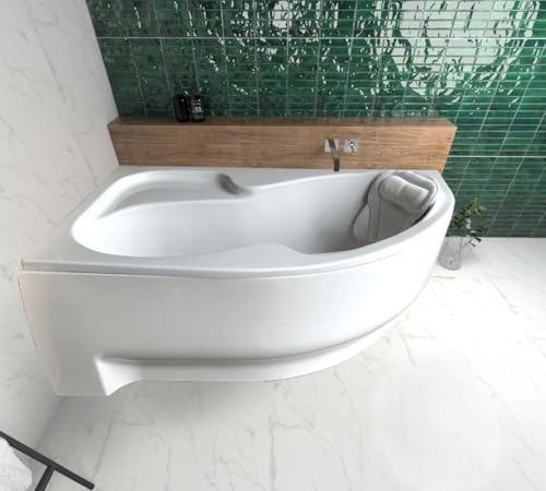 ECOLAM Baignoire d'angle Wela 160 x 100 cm gauche + tablier | oreiller Mare | pieds siphon set complet