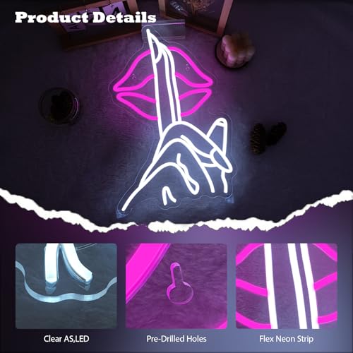 Image of Lips Neon Sign Shh Gesture Led Neon Lights for Wall Decor USB Powered Chic Neon Lips Light Signs for Bedroom Home Bar Man Cave Beer Cafe Birthday Party Decorations Gifts