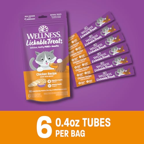 Wellness Lickable Treats Soft Puree Natural Grain Free Adult Cat Treats, Chicken Recipe, Contains 6-0.4 Ounce Squeezable Tubes