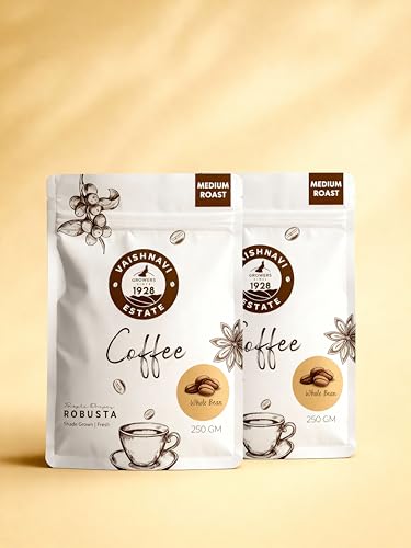 Image of Vaishnavi Estate's Medium Roast Robusta Coffee | Single Origin | Shade Grown | Freshly Roasted | Whole Bean (250g, Pack Of 2)