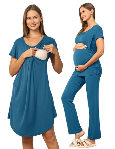 SUNNYBUY Women 3 PCS Maternity Nursing Nightgown Dress & Short Sleeve Breastfeeding Top & Pregnancy Pants Sleepwear Set, Steel Blue, X-Large