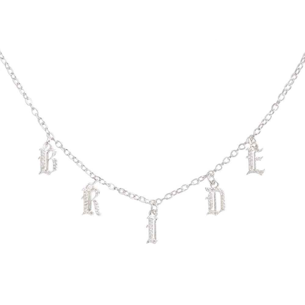 xo, FettiBride Necklace, 14" Choker, Silver Charm Letter Cubic Zirconia Jewelry, Gothic | Bachelorette Party Decorations, Bridesmaid Gift, Bridal Shower, Wedding, Stainless Steel, No Gemstone