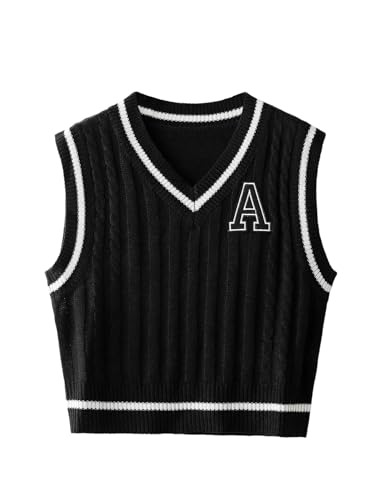Image of Floerns Women's V Neck Letter Striped Trim Sleeveless Sweater Vest Knit Top