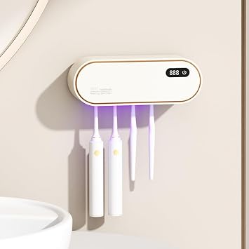UV Toothbrush Sanitizer Holder for 4 | Wall Mounted Toothbrush Holder for Bathroom with Fan Drying | USB Rechargeable Toothbrush Cleaner & Sterilizer, No Drill Install, Modern Design White