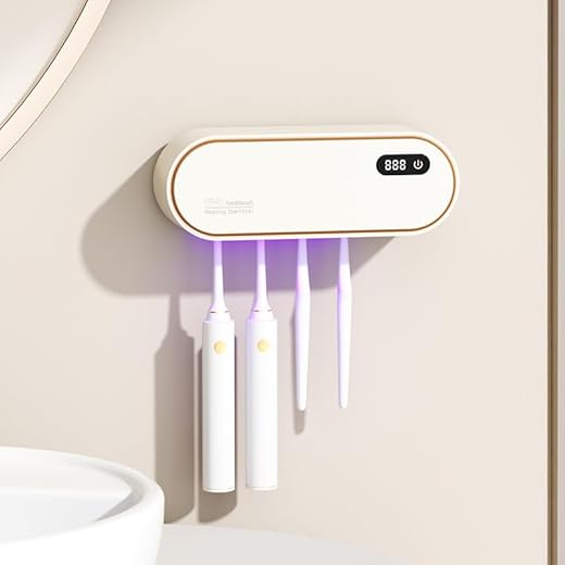 UV Toothbrush Sanitizer Holder for 4 | Wall Mounted Toothbrush Holder for Bathroom with Fan Drying | USB Rechargeable Toothbrush Cleaner & Sterilizer, No Drill Install, Modern Design (White)