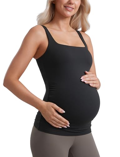 CRZ YOGA Butterluxe Maternity Square Neck Tank Tops - Ruched Sleeveless Womens Pregnancy Yoga Tee Shirt with Built in Bra Black Large