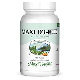 Maxi Health Vitamin D3 1000 IU Dietary Supplement - Easy to Swallow - Odorless & Tasteless - Supports Calcium Absorption, Immune Health and Bone Health in Adult Women & Men - 180 Tablets