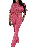 Ecirod Women's Color Block Lounge Set 2 Piece Outfits Crop Top and High Waisted Drawstring Bell Bottom Pants Rose