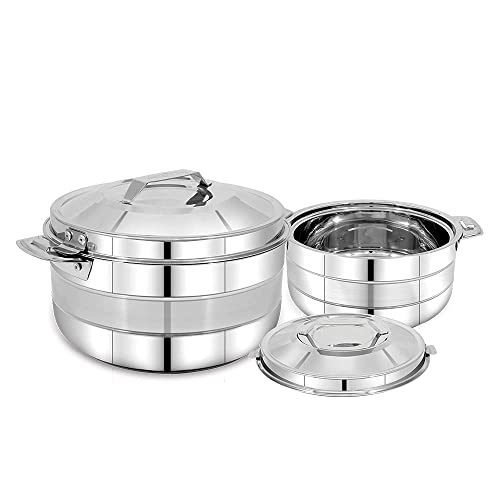 Image of Pigeon Galaxy Stainless Steel Casserole Set of 2 (1000 ml + 1500 ml) | PU Puff Insulated Hot Pot | Keeps Food Hot for Hours | Ideal for Chapati, Rice & Curries