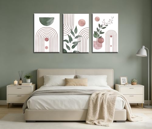 Image of Frimeeme Framed Large Boho Pink and Green Canvas Print Set of 3,16x24 In | Abstract Leaves Geometry, Ready to Hang