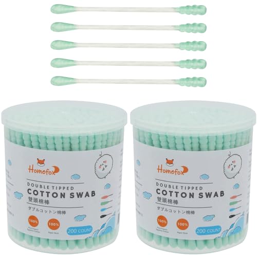 HOMEFOX Green Cotton Swabs Spiral - 400 Count Organic Cotton Buds Double Side Tightly Wrapped Cotton Tips Paper Stick Soft Gentle Lint-Free Cruelty-Free, Round & Spiral (Green)