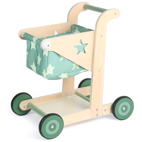 Asweets 2 in 1 Wooden Baby Walker Push and Pull Doll Stroller Shopping Cart Learning Walker for Boys and Girls Sit Stand Learning Toddler Toy (Green)