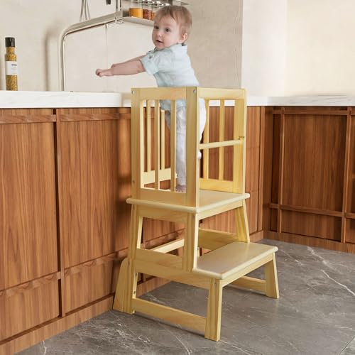 Taburete de cocina para niños, torre de aprendizaje Montessori de pie, ideal para el lavabo del baño o la encimera de la cocina, diseño 2025 con 3 mejoras exclusivas, natural