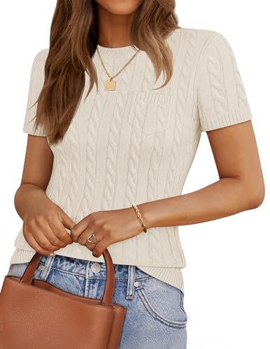 ZESICA Women's Trendy Short Sleeve Sweater Shirts Spring Summer Cable Knit Pullover Tops