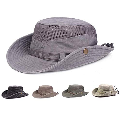 Obling Sombrero sol algodón protección UV,sombrero verano,sombrero playa,sombrero safari boonie,sombrero pesca plegable con malla transpirable correa ajustable para barbilla- hombres mujeres(gris)