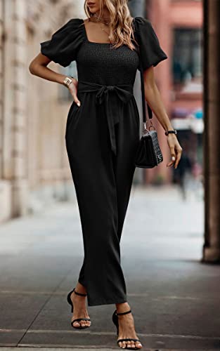 Angashion Women's Jumpsuits Square Neck Puff Short Sleeve Smocked Waist Wide Leg Outfit Rompers Playsuit With Belt Pocketsblacksmall #TOP7