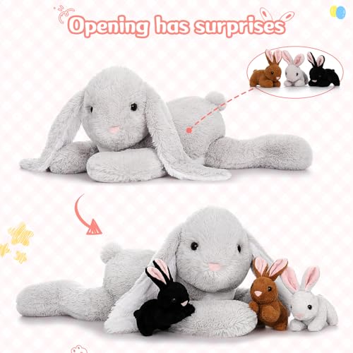 Image of MaoGoLan 4Pcs Large Bunny Stuffed Animal with 3 Babies Inside, 24 inch Giant Easter Bunny Plush Toys, Soft and Cuddly Gray Stuffed Rabbit Gift for Kids,Girls,Boys,Teens