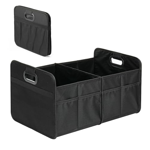 HealSmart Car Trunk Organizer, Foldable 2 Compartment Automotive Storage Accessories with 50L Capacity, 600D Waterproof Oxford Polyester, Non Slip Bottom, Black