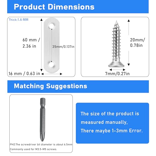 Image of 16 Pack Flat Plate Straight Brackets 60MM Stainless Steel Flat Metal Braces,Repair Bracket with Screws