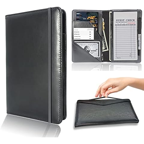 Server Books for Waitress, tutata Server Book with Zipper Pocket and Elastic Cord, Waitress Book Organizer, Cute Server Wallet with 7 Pockets and Pen Holder Fit Waitress Apron(Black) Cover
