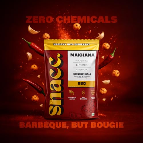 Image of Snacc BBQ Makhana, Spicy Roasted Fox Nuts, Protein Rich, barbecue makhana, Gluten Free, MSG Free, Zero Trans Fat, Zero Sugar, Low Calorie 18 g small pocket (Pack of 4, BBQ)
