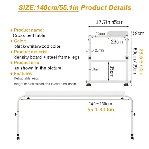 Überbetttisch mit Rollen für Laptops, Mobilitätstisch über dem Bett, Überbetttisch mit Rollen, höhenverstellbarer Computertisch, Steharbeitsplatz, Tabletttisch, rollender medizinischer Tisch – Bild 8