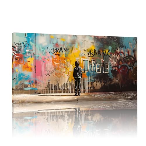 Art mural Banksy : tableau sur toile graffiti 60x120 cm avec cadre pour salon moderne