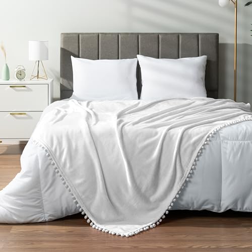 PAVILIA Fleece Throw Blanket for Couch with Pom Pom Fringe, White, Soft Cozy Fuzzy Flannel Blanket for Sofa Bed, Large Lightweight Plush All Season Throw, 60x80 Inches