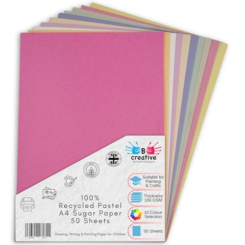Be Creative A4 Recycled Sugar Paper 29.7 x 21 cm 100gsm 50 Sheets in 10 Assorted Pastel Colours for Arts Crafts Drawing & Scrapbooking