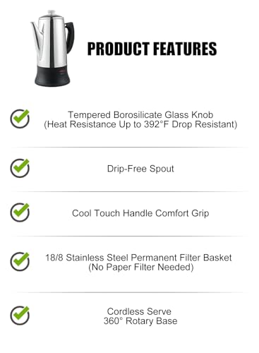 Apoxcon WEP1800-2 12 Cup Electric Coffee Percolator With Etl Approval Stainless Steel Coffee Maker With Heat Resistant Glass Knob Classic Look Cord-Less Server Coffee Pot thumb #5