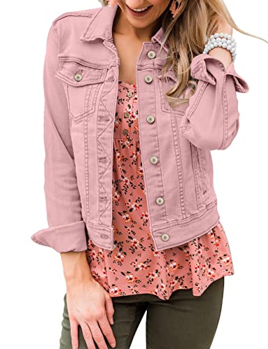 Vetinee Womens Pink Basic Stretch Fitted Casual Button Down Truker Denim Jacket Long Sleeve Pockets Jean Coat Large Size 12 Size 14