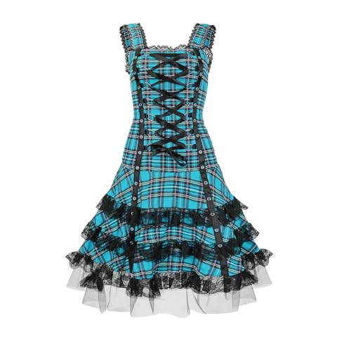 Women Steampunk Lace Up Plaid Dress Medieval Renaissance Corset Mini Dress Sleeveless Cami Gothic Lace Trim Costumes Blue