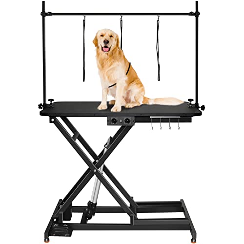 Kalolary Electric Pet Grooming Table for Large Dogs, Heavy Duty Professional X Lift Dog Grooming Table with Anti-Static Non-Slip Rubber Tabletop, 3 Nooses & Clamps & Arms, Black