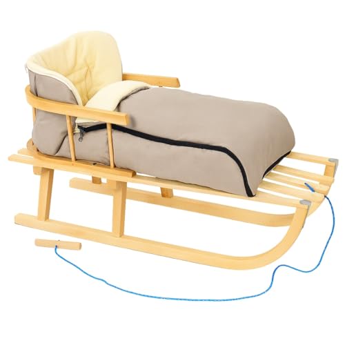 Holzschlitten Kinderschlitten Rodelschlitten Schlitten Klassischer aus Buchenholz mit Rückenlehne mit Winterfußsack aus Holz 90cm | 10 Farben (Mokka)