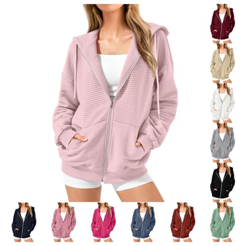 YCBMINGCAN Sudadera de mujer de gran tamaño con cremallera y capucha, monocolor, sudadera con capucha, para invierno, elegante, para otoño, #01-rosa, S
