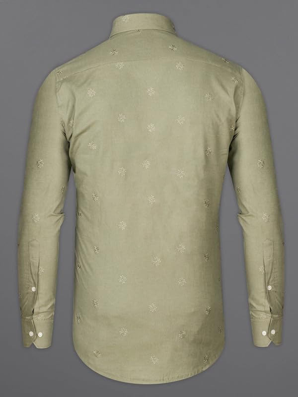 Image of FRENCH CROWN Men's Green Linen Regular Fit Full Sleeves Casual Shirt