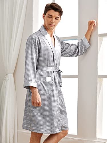 Soly Hux Men's Silk Bathrobes Long Sleeve Satin Kimono Robe With Shorts Sleepwear Pajamas Set Silver S #TOP3