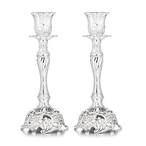 Sziqiqi Silver Plated Candlestick Holders Set Of 2 Taper Candle Holders Deluxe Ornate Candle Holders For Shabbat Taper Candles, Candle Centerpiece, Wedding Candles, Christmas Candle, 7.4Inch #TOP29