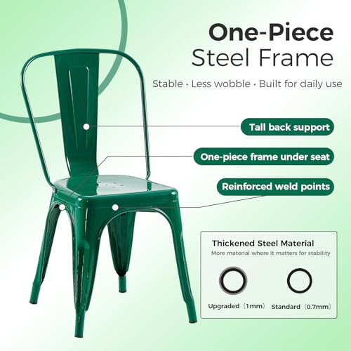 Image of Metal Dining Chairs with Backrest, Stackable, Green, 8 Pack | Easy Assembly, Non-Slip Feet, 330 lb Capacity, Kitchen, Restaurant, Cafe, Pub, Covered Patio