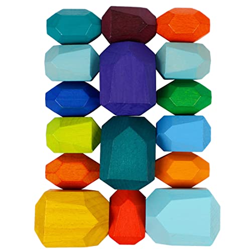 Image of Cllayees 16 Pcs Wooden Stacking Blocks Rocks Building Toys, Colored Solid Wood Stones Pre-School Educational Games Creative Toys for Kids Toddlers (Pack of 2)