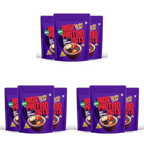 Image of Yogabar 26g High Protein Oats 1kg, Pack of 9 , Dark Chocolate - Breakfast Cereal with Wholegrains, 26% Protein & No added sugar - Oats High Protein for Gym - Premium Protein Blend with Whey Protein Powder - with Goodness of Chia, Sunflower & Pumpkin Seeds & Probiotics for Absorption