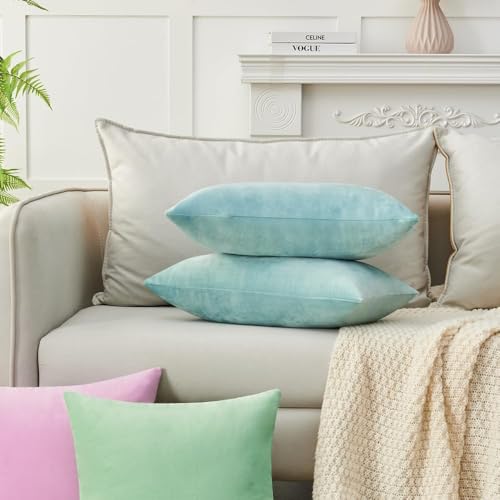 Image of Holland Velvet Rectangular Cushion Covers Pack of 4 | 12 inch x 18 inch / 30 x 46 cm, Sea Green | Soft Pillow Covers Cushion Case for Sofa Bedroom Chair Car, Home Decor