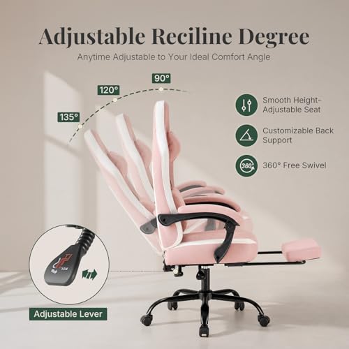 Image of Computer Gaming Chair - High Back Ergonomic Desk Chair with Footrest and Lumbar Support, Height Adjustable Task Chair with Linkage Armrests and Headrest, 360 Swivel Wheels, Pink